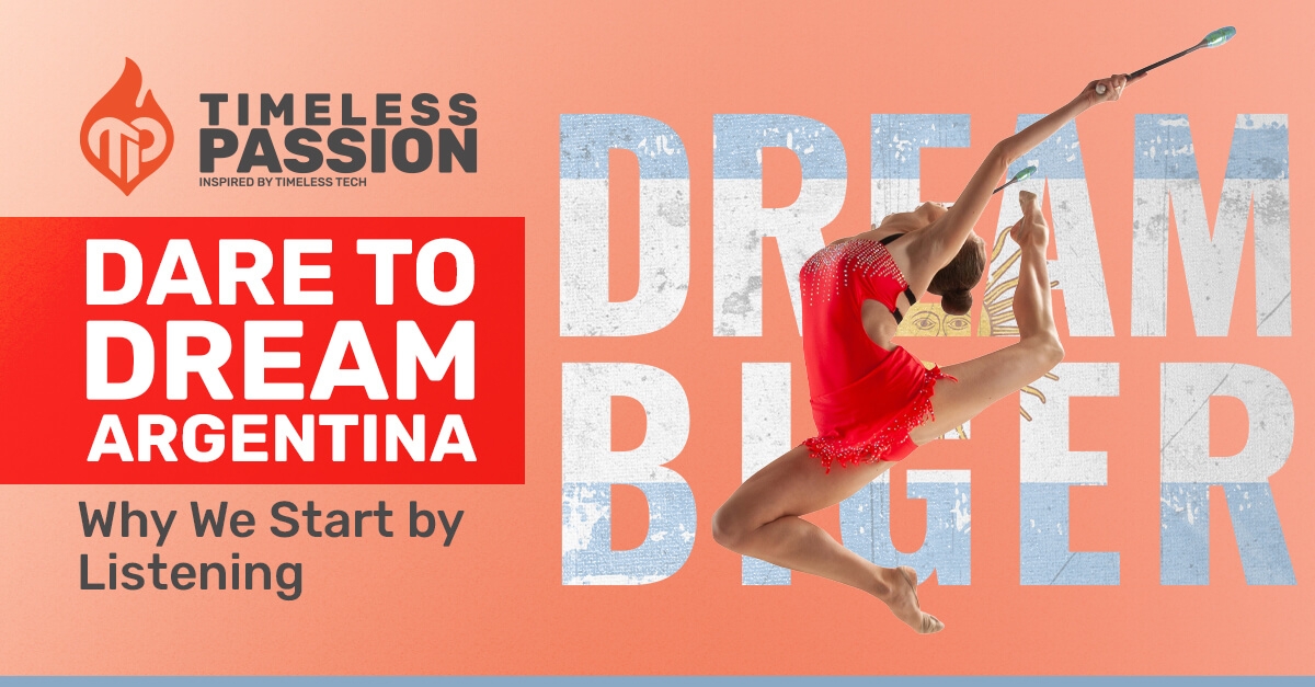 Dare to Dream Argentina – Iniciativa Deportiva Timeless Passion Gimnasta realizando un salto dinámico frente al banner de Dare to Dream Argentina, representando la iniciativa deportiva Timeless Passion que apoya los sueños de los atletas.