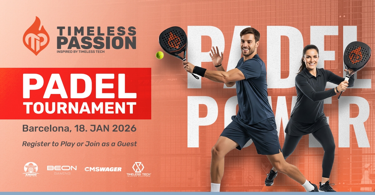 Jogadores se preparando para o Timeless Passion Padel Tournament 2026 em uma quadra de padel em Barcelona — um evento de networking pré-ICE organizado pela Timeless Tech.