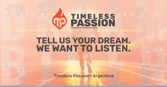 Banner de Timeless Passion Dare to Dream Argentina — con un atleta corriendo en una pista y el mensaje: “Contanos tu sueño. Queremos escucharte.”