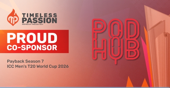 Banner de Timeless Passion anunciando la co‑patrocinación de Payback Season 7 durante la ICC Men’s T20 World Cup 2026