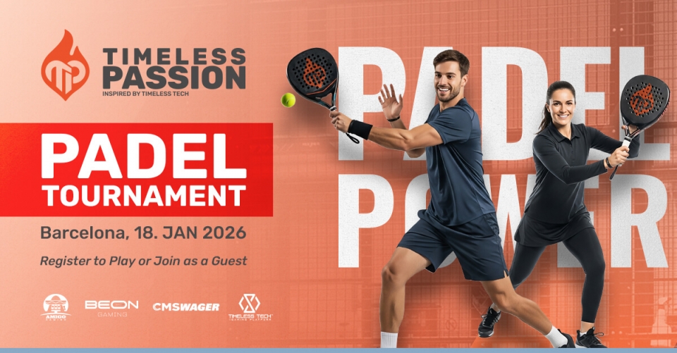 Padel court in Barcelona with players preparing for the Timeless Passion Padel Tournament 2026, a pre-ICE networking event hosted by Timeless Tech.