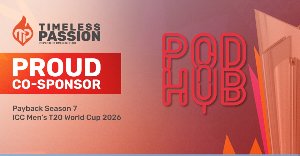 Banner da Timeless Passion anunciando o co-patrocínio da Payback Season 7 durante a ICC Men’s T20 World Cup 2026