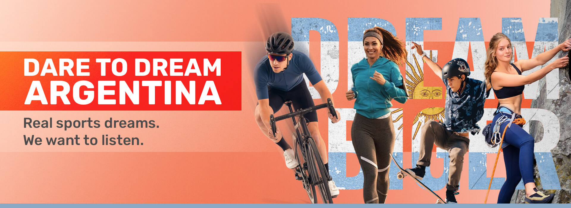 Banner principal do Dare to Dream Argentina com atletas de ciclismo, corrida, skate e escalada que simbolizam sonhos esportivos reais apoiados pela Timeless Passion.