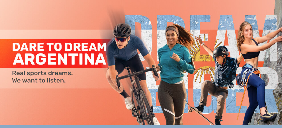 Banner mobile do Dare to Dream Argentina mostrando atletas que representam sonhos esportivos autênticos apoiados pela Timeless Passion.