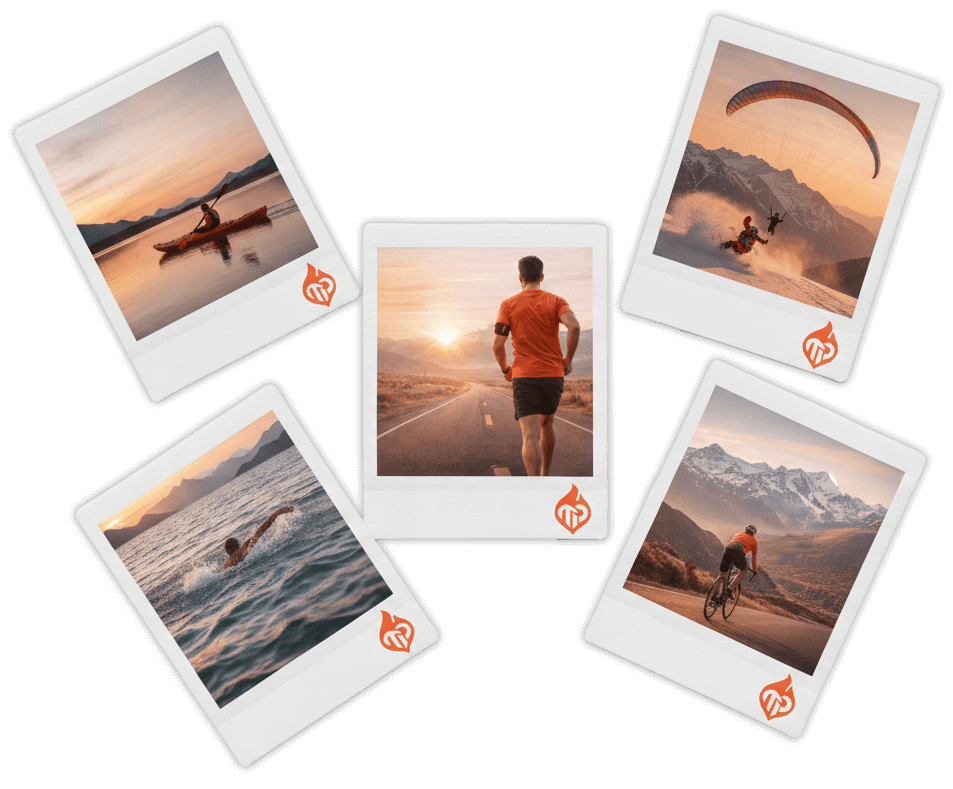 Uma colagem com cinco fotos estilo polaroid apresentando atletas individuais na Argentina: um caiaqueiro ao pôr do sol, um corredor de longa distância em uma estrada aberta, um praticante de parapente sobre montanhas nevadas, um nadador em águas abertas e um ciclista em uma passagem de montanha.