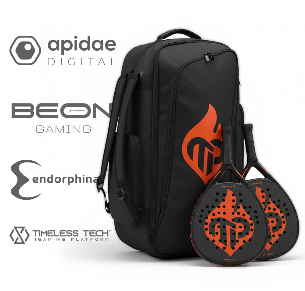 Tournament prize rackets, bag, and logos for sponsors Apidae Digital, Beon Gaming, Endorphina, and Timeless Tech at the SBC Malta 2026 Padel event.