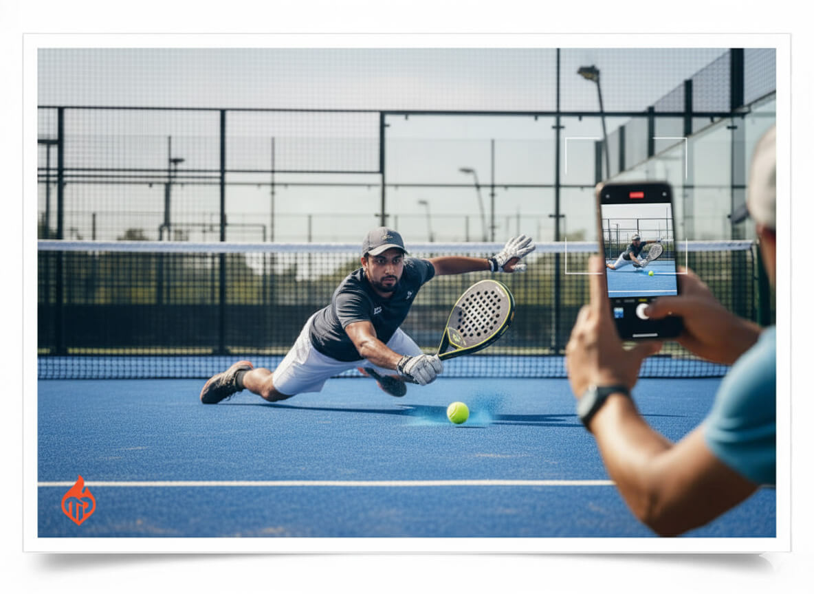 High-Energy Padel Action at Timeless Passion Tournament Player diving for a difficult shot on the blue court, capturing the competitive spirit of the Timeless Passion Padel Tournament for the iGaming community.