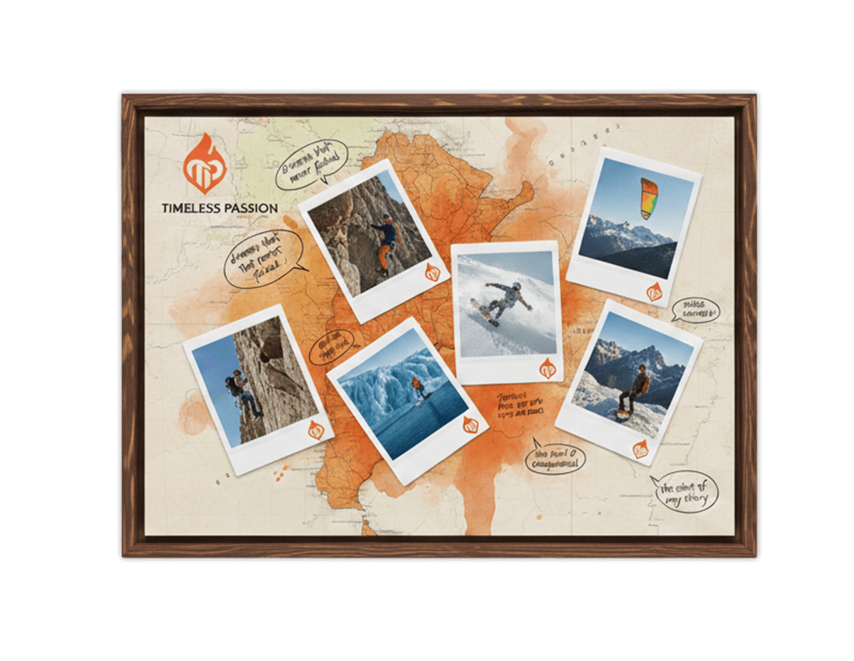 isualizing Unfulfilled Sporting Passions in Argentina. A wooden-framed mood board displaying a map of Argentina accented with orange watercolor. Pinned across the map are six polaroid-style photos capturing adventure sports including rock climbing, ice trekking on a glacier, snowboarding, and paragliding. The layout is detailed with handwritten speech bubbles and the "Timeless Passion" logo in the upper-left corner.